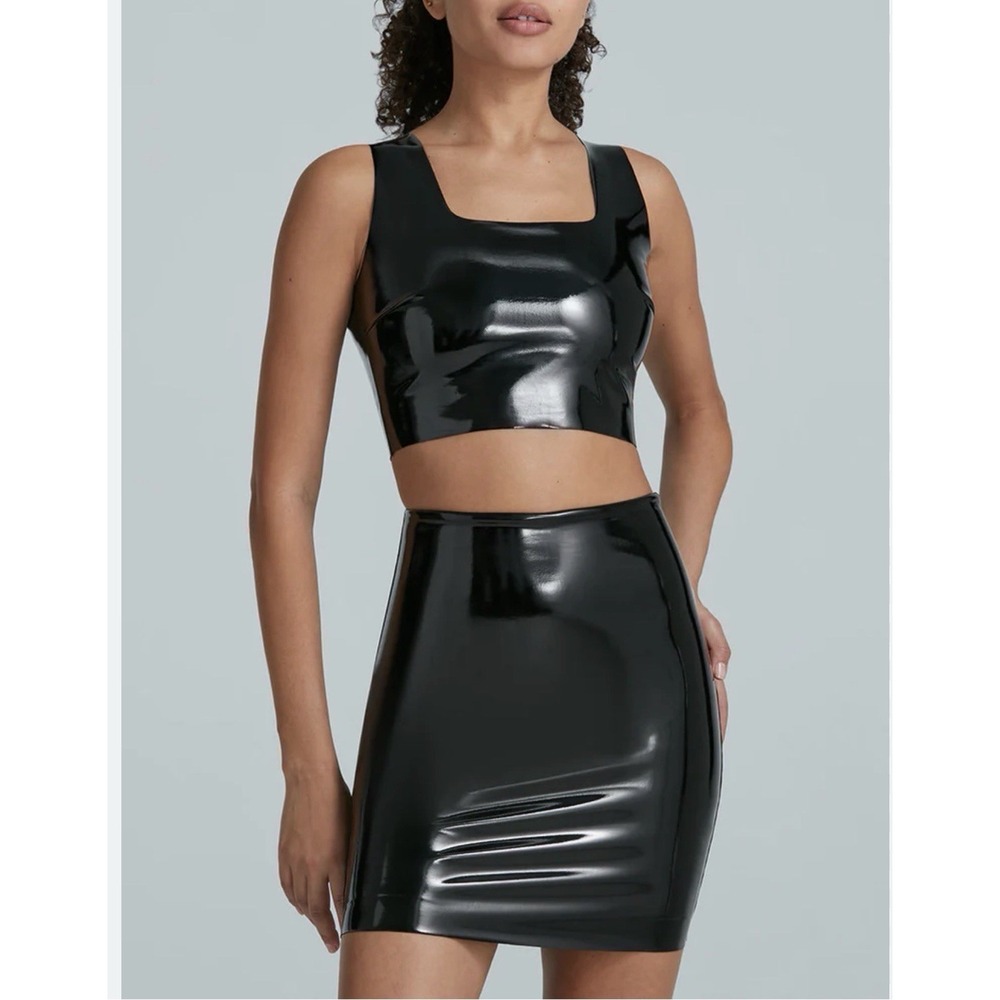 Commando Cinnamon Faux Patent Leather Sz XL Crop Top & Sz M Mini Skirt Set BROWN